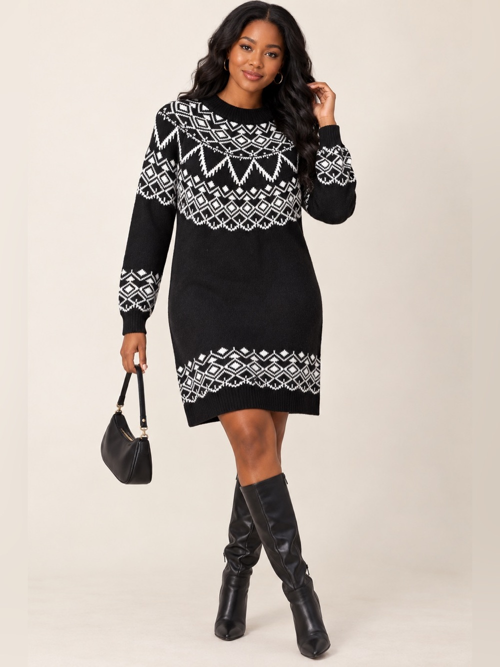 Maurices Fair Isle Sweater Dress Large Black White Nordic Winter Cabin Core